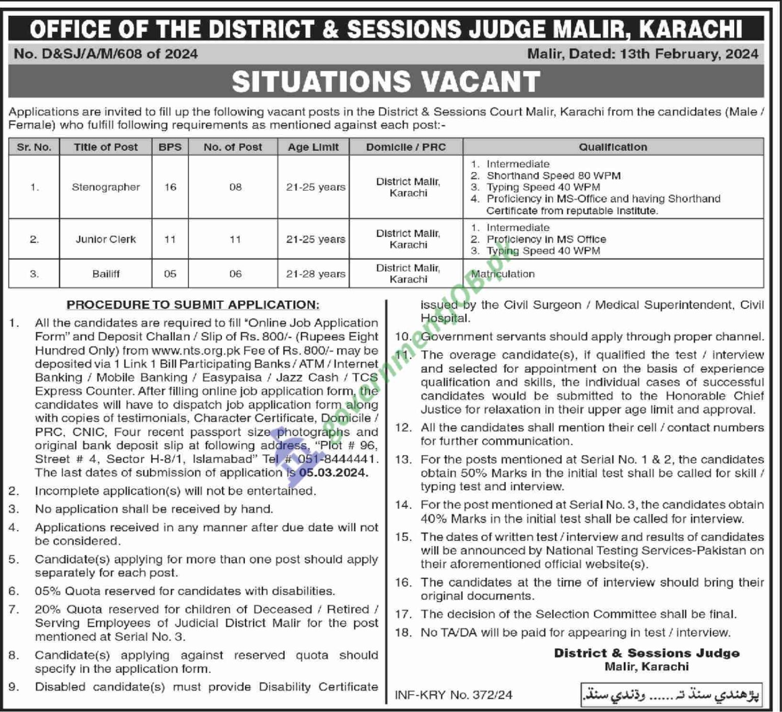District And Sessions Judge Malir Jobs 2024