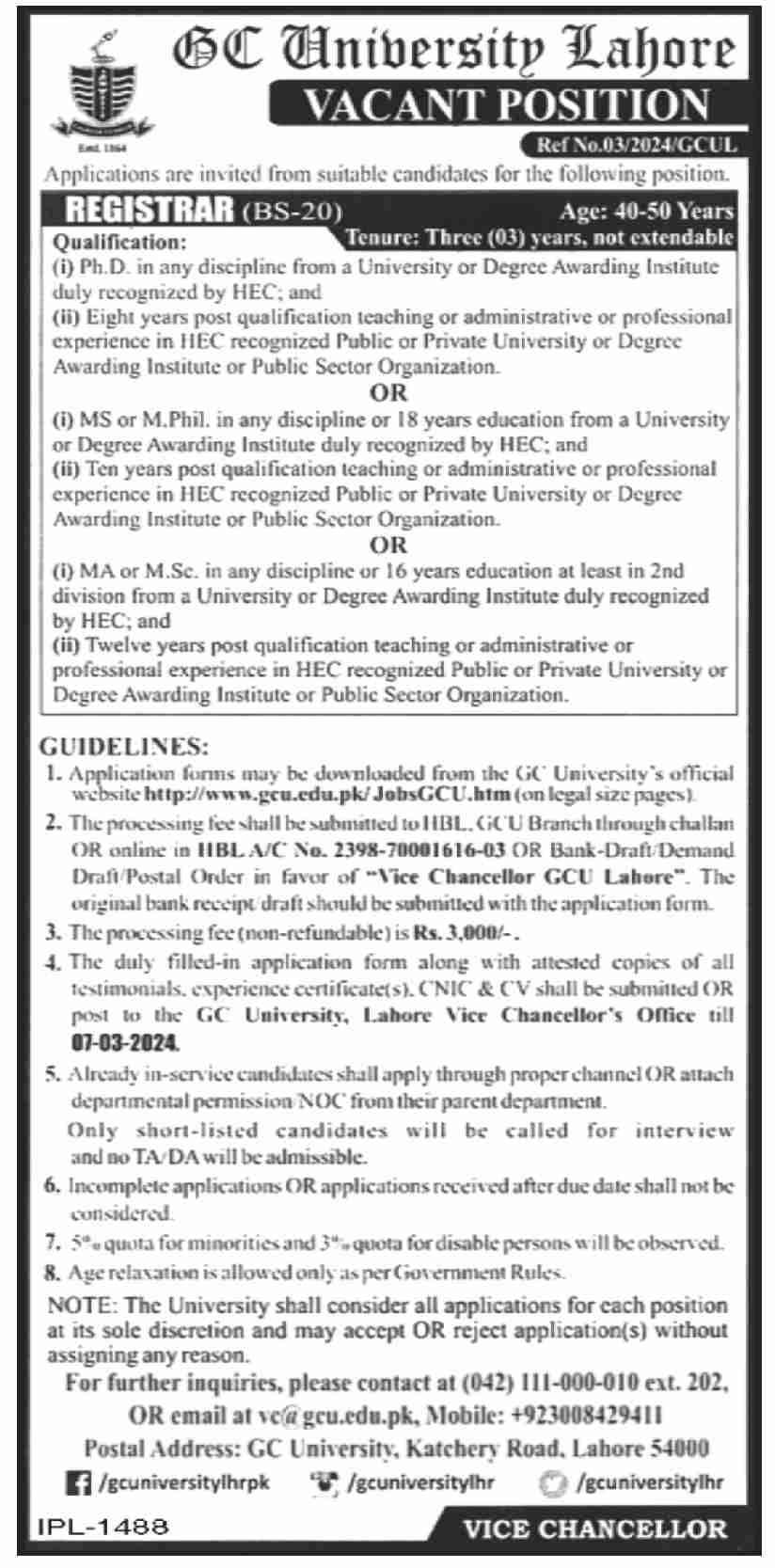 GC University Lahore Jobs 2024
