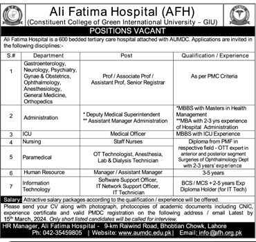 Ali Fatima Hospital AFH Lahore Jobs 2024