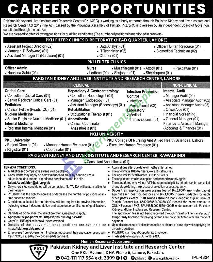 Pakistan Kidney And Liver Institute Jobs 2024