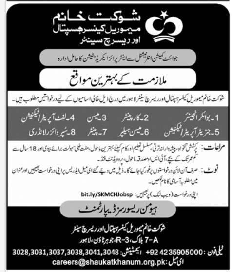 Shaukat Khanum Hospital Lahore Jobs 2024