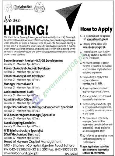 Urban Unit Jobs 2024 -Punjab Planning & Management Services Unit| Online Apply 