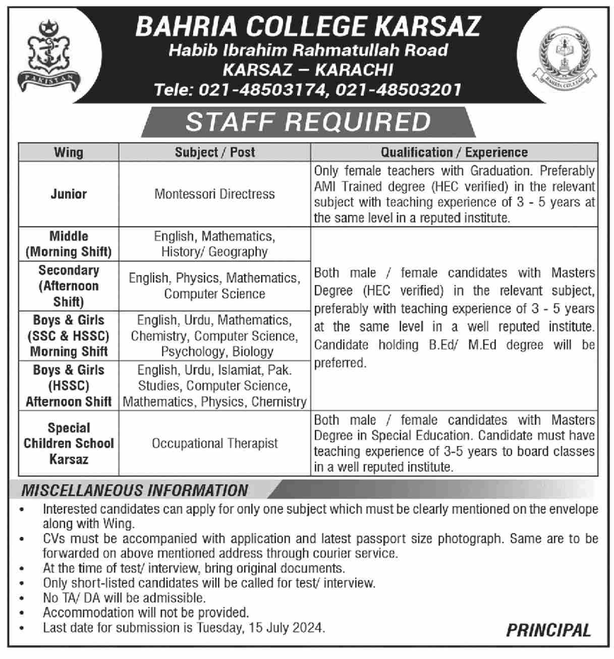 Bahria College Karsaz Karachi Jobs 2024│Online Apply